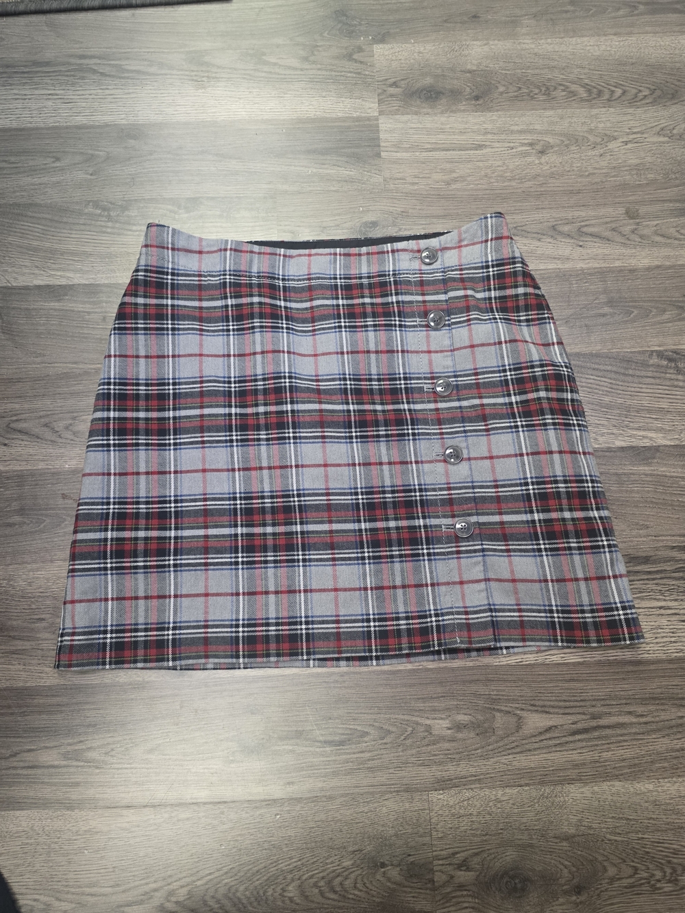 Tommy Hilfiger Plaid Button-Side Mini Skirt in Gray, Red and Black